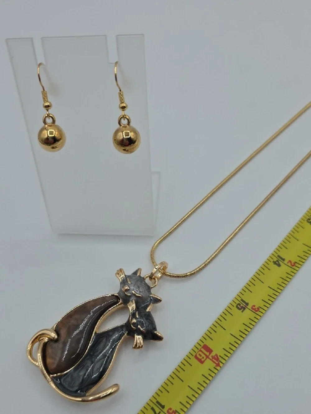 Dual Cat Pendant Necklace with Brown & Black Enamel Cats And Golden Earrings